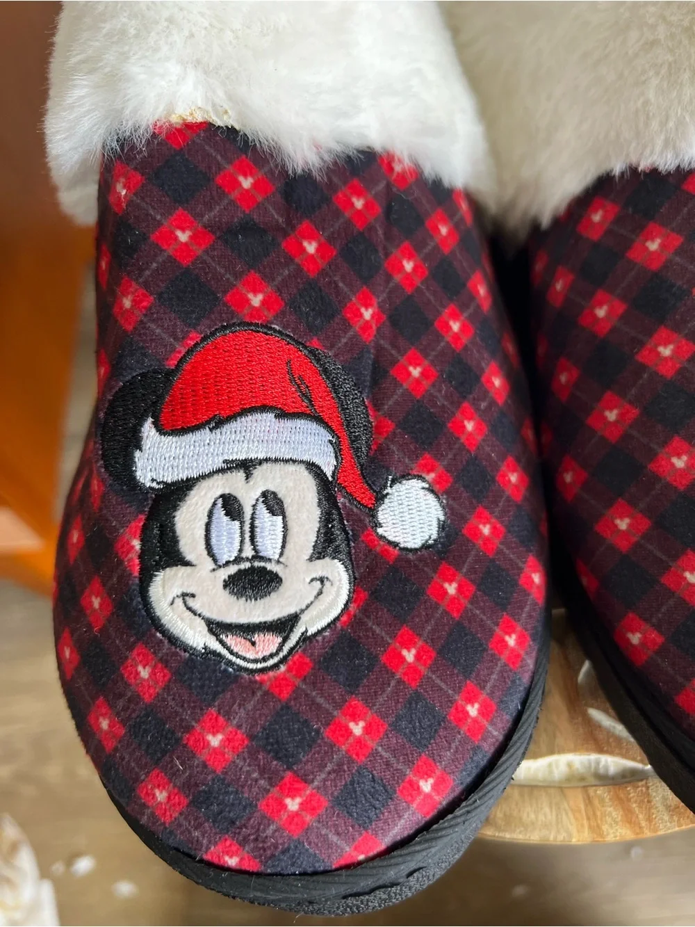 Disney Red Plaid Holiday Slippers with White Faux Fur Cuff